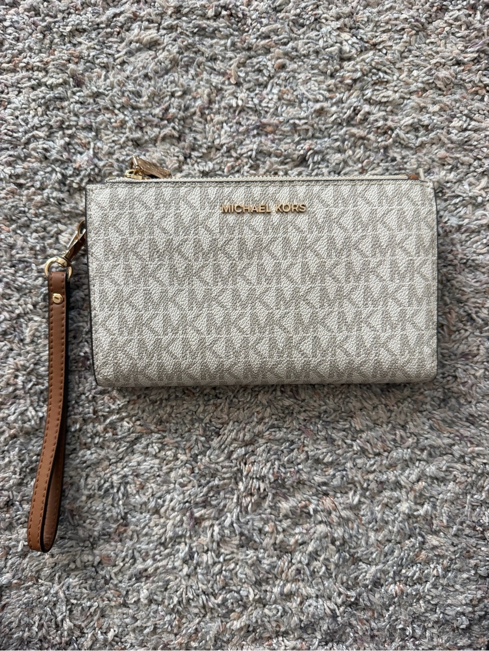 Michael Kors Signature Monogram Wristlet in Beige and Tan with Gold Logo